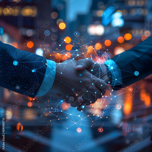 Capture the essence of networking and partnership with a dynamic image of two professionals shaking hands amidst a vibrant urban backdrop, enhanced by a digital overlay symbolizing connection.