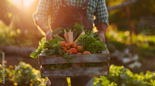 Farmer holding a wooden box filled with fresh vegetables, signifying harvesting season. Basket with vegetables in the farmer's hands, emphasizing healthy, organic food and agriculture.