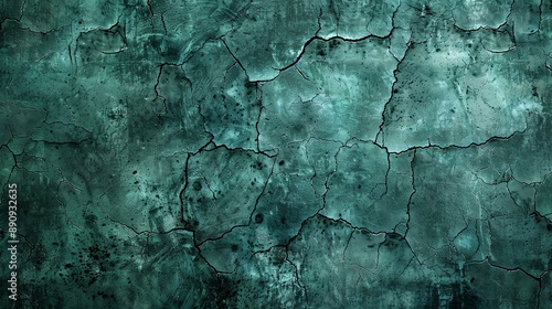 Cracked and weathered green concrete wall. The wall is covered in a network of cracks, and the paint is peeling and chipping.