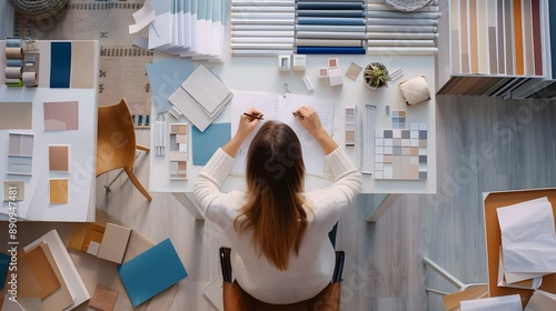 Overhead photo of woman interior designer at work