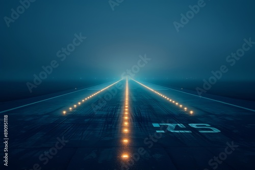 Misty runway with illuminated lights during night, leading into the foggy distance, creating a mysterious and atmospheric aviation scene.