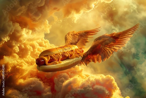 A hot dog with wings flies through the clouds, a surreal and humorous image.