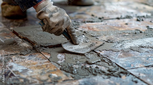 A close-up of a worker using a hand scraper to remove old adhesive from a subfloor, preparing it for new tiles