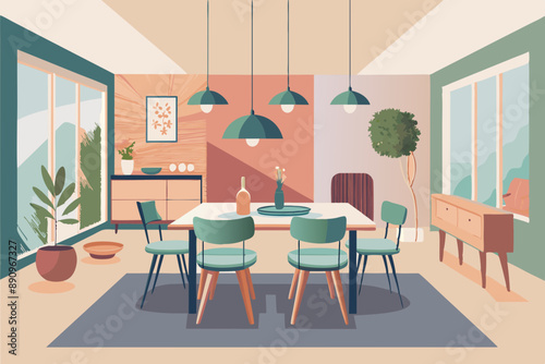 scandinavian dinning room modern flat illustration background