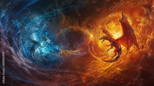 Cosmic dragons of stellar flame and galactic ice engaged in a celestial duel within the swirling vortex of a collapsing star's remnants.