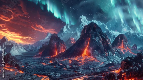 Elemental titans of volcanic fury and glacial wrath clash in a primordial battleground of molten rock and frozen peaks beneath an ever-shifting sky of auroras and volcanic ash.