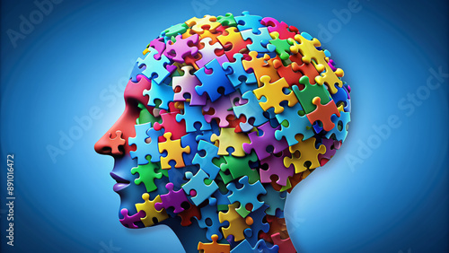 Colorful puzzle pieces swirling inside a stylized human brain, symbolizing the dynamic, fragmented thinking patterns and neurodevelopmental complexities of Attention Deficit Hyperactivity Disorder.