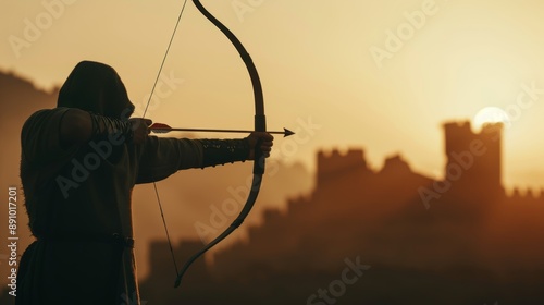 Traditional archer in medieval garb, bow drawn taut, arrow aimed at a distant target, misty castle ruins in the background, dramatic lighting