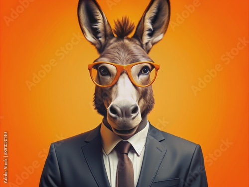 Vibrant orange background showcases a stylish, imposing anthropomorphic donkey dressed in a suit, wearing glasses, exuding confidence and sophistication in a funny pop art illustration.