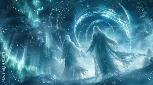 Ghostly wraiths of light and shadow clashing in an ethereal plane, surrounded by swirling auroras and mystical runes.