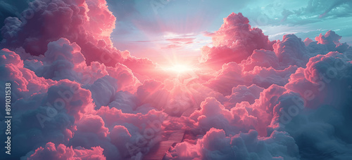 Pathway to Heaven: Enlightenment and Spiritual Journey Amidst Clouds and Sunlight