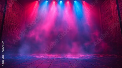 Blue and Purple Colorful stage lights with fog and smoke, setting for concerts and theatrical performances