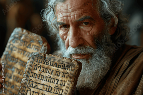 Moses with Ten Commandments Stone Tablets, Biblical Scene in Hyper Realistic Photography with Studio Lighting