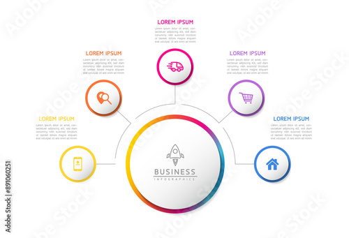 Vector infographic business presentation template with circular interconnection with 5 options.