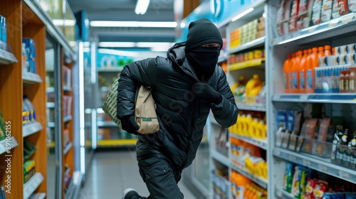 Masked robber in black attire stealing goods from a supermarket aisle, quickly escaping with a bag of stolen items.