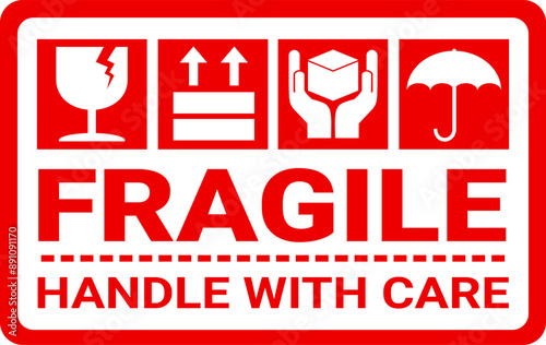 sticker fragile handle with care, red fragile warning label with broken glass symbol, this side up sign, keep dry and avoid liquid sign