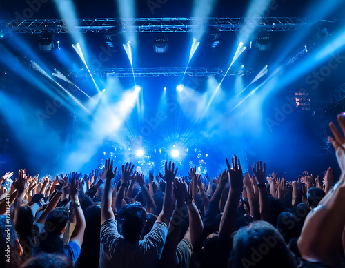 Fotografía en concierto lleno de personas con luces de color azul