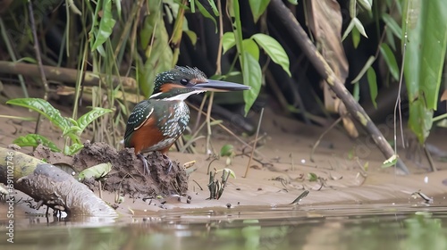 Greenandrufous Kingfisher Chloroceryle inda perched by the water in the Amazon rainforest also called Martimpescadorverdeerubro