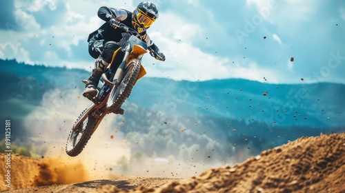 A biker performing a stunt on a dirt track