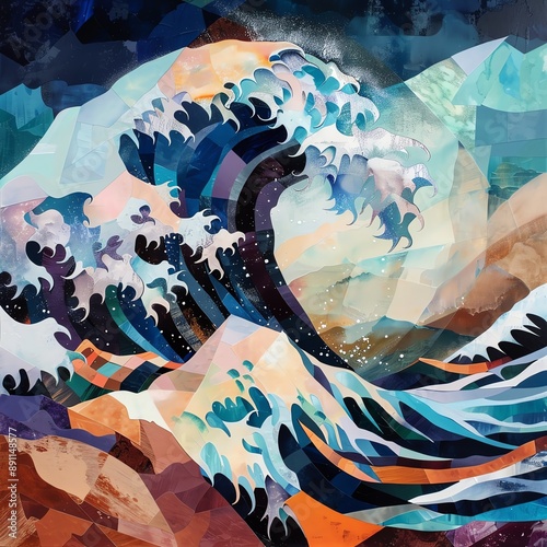 Close-up shot of a turbulent ocean wave in a cubist style