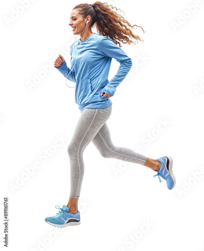 Running Towards Goals: A determined woman in athletic wear strides forward with a focused expression, her hair flowing in the wind. This image captures the energy and spirit of a dedicated runner.