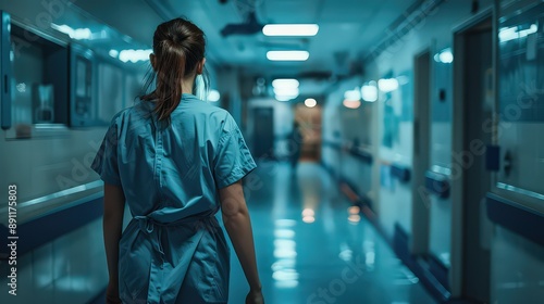 Nurses working the night shift in a dimly lit hospital ward, quietly checking on patients and maintaining vigilance, capturing the dedication and resilience required for overnight care.