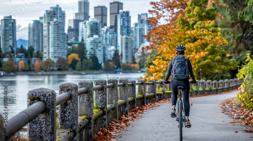 woman biking along the seawall in Stanley Park 