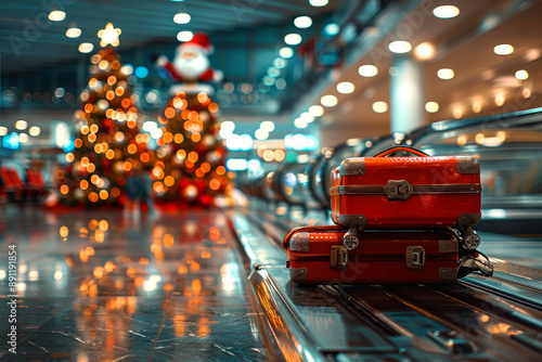 A festive scene in an airport, featuring stacked red suitcases next to a decorated Christmas tree with red and silver ornaments. The setting evokes holiday travel excitement and a joyful atmosphere