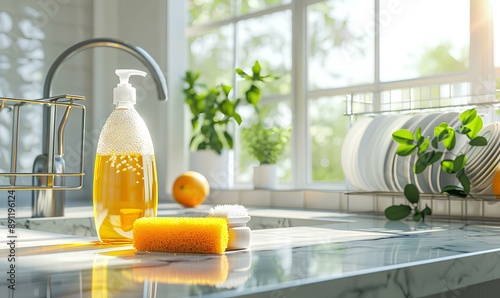 Cleaning supplies in a modern kitchen with a window view.