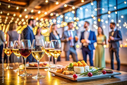 Vibrant atmosphere at corporate celebration, blurred lights and decorations, wine glasses and appetizers on tables, capturing the essence of office party joy and revelry.