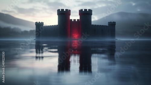 a castle moat filled with water, acting as a defense against siege, field of dept deep odject, all cover focus text, for spacecopy