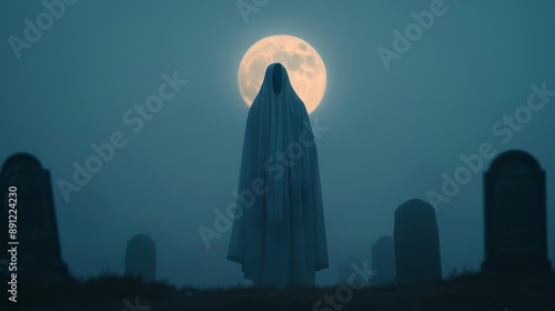 A ghostly figure floating above a grave in a misty cemetery