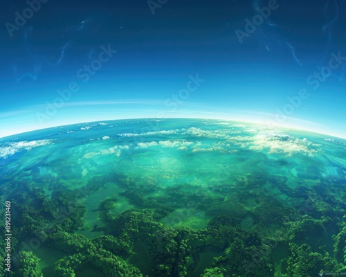 panoramic view of crystal-clear sky with glowing ozone layer protecting flourishing rainforest The vibrant greens contrast with the brilliant blue symbolizing environmental harmony