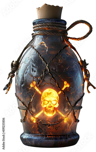 A mysterious glowing potion bottle with a skull and crossbones design, emitting an eerie light, perfect for fantasy or Halloween themes. cut out. png. transparent background.