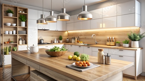 Modern kitchen showing interior design trends with island and fruits