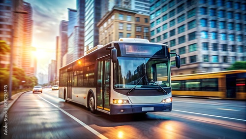 Modern public transportation bus driving through city street at sunset