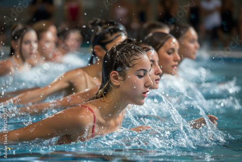 Group of young female swimmers practicing synchronized swimming in a pool during their training session