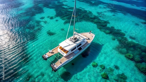 Luxury catamaran sailing in crystal clear tropical water on a sunny day