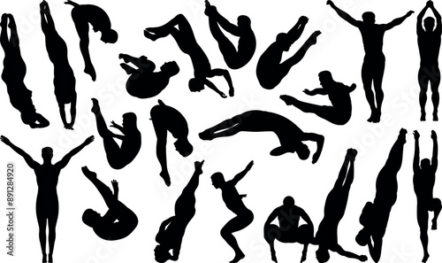 Set of male diving board diving silhouette vector illustrations