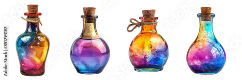 Colorful magic potion bottles with vibrant contents fantasy elixir transparent background