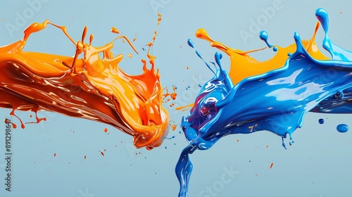 High-resolution 3D render of two colors of paint being poured and intertwining, with a splashy and dynamic effect, solid background, octane rendering