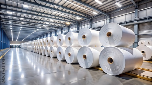 Paper rolls stacked in rows inside a modern paper mill