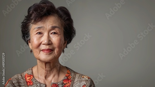 a friendly Asian housewife with several best gestures and greetings, against a neutral gray backdrop that emphasizes her approachable and warm personality