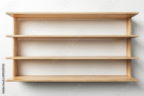 Empty wooden shelf hanging on white wall