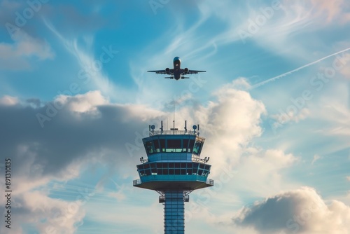 A commercial aircraft flying over an air traffic controller tower.