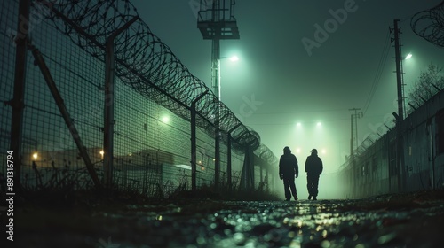 Silhouetted Figures Walking Along a Barbed Wire Fence in a Foggy Industrial Area at Night with Green Lights