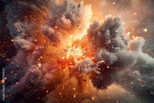 A powerful explosion emitting fiery orange and gray smoke. The composition emphasizes the intensity and dynamic nature of the event, with sparks and debris in motion.