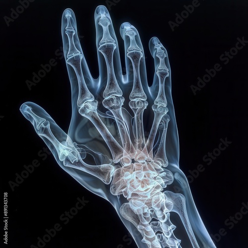 Detailed Xray of a human hand, focusing on the skeletal structure, clear view of the ulna and radius bones, sharp and bright contrast