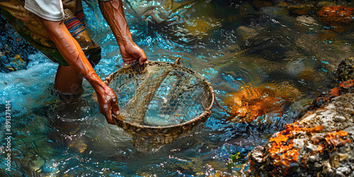 The Ancient Art: A fisherman using a traditional net dipping for shrimp in a shallow stream