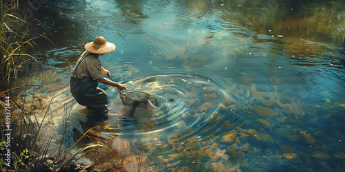 The Ancient Art: A fisherman using a traditional net dipping for shrimp in a shallow stream